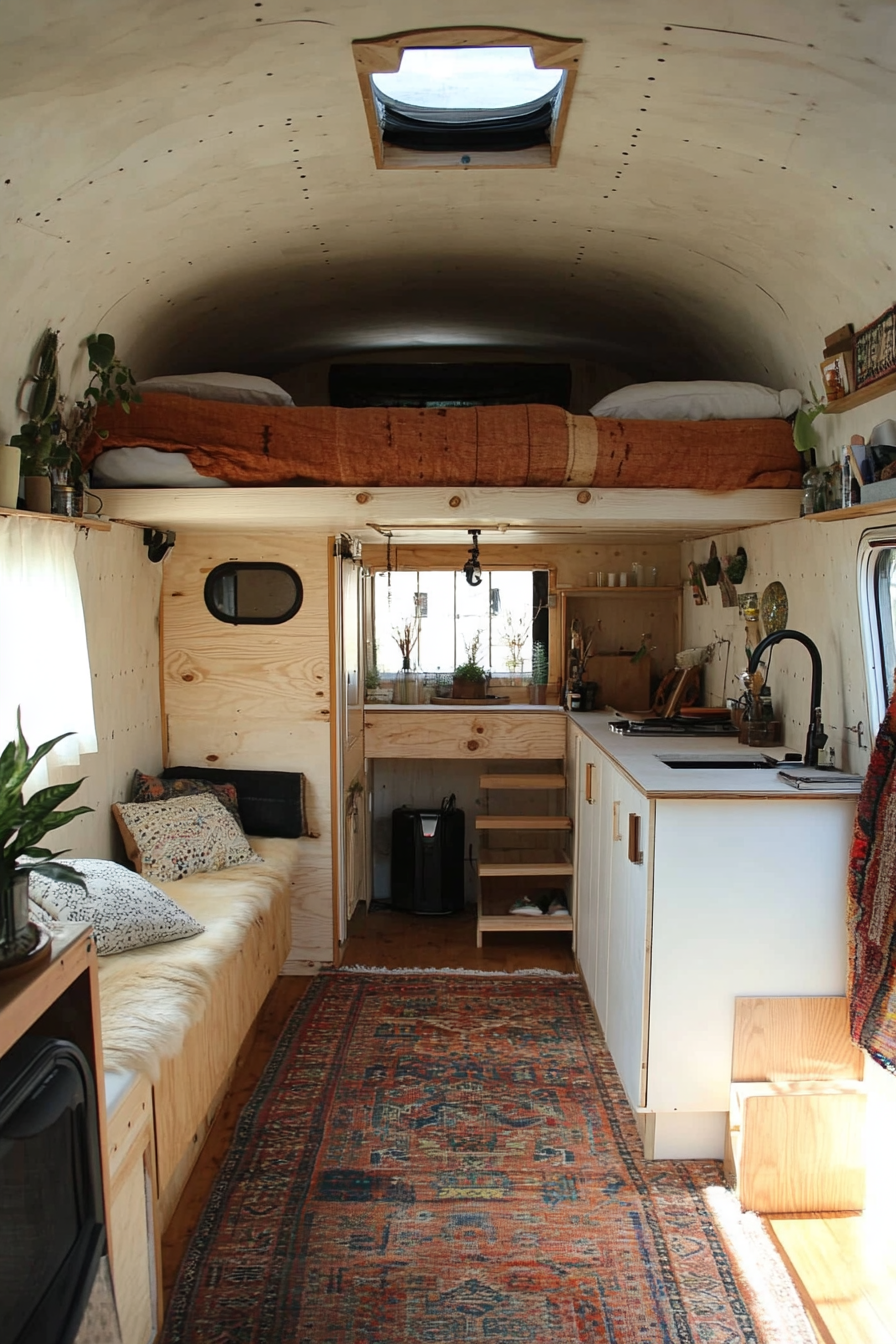 Remote Work Camper Interior. Plywood loft bed with white cabinetry.