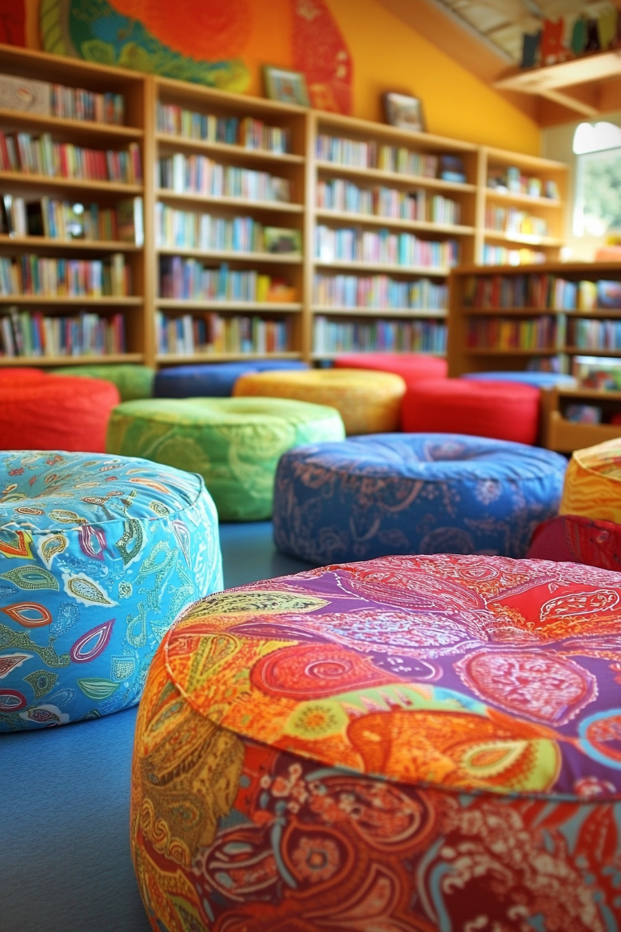 Child-sized library concept. Round floor cushions in colorful paisleys with low, clear labeled bookshelves.