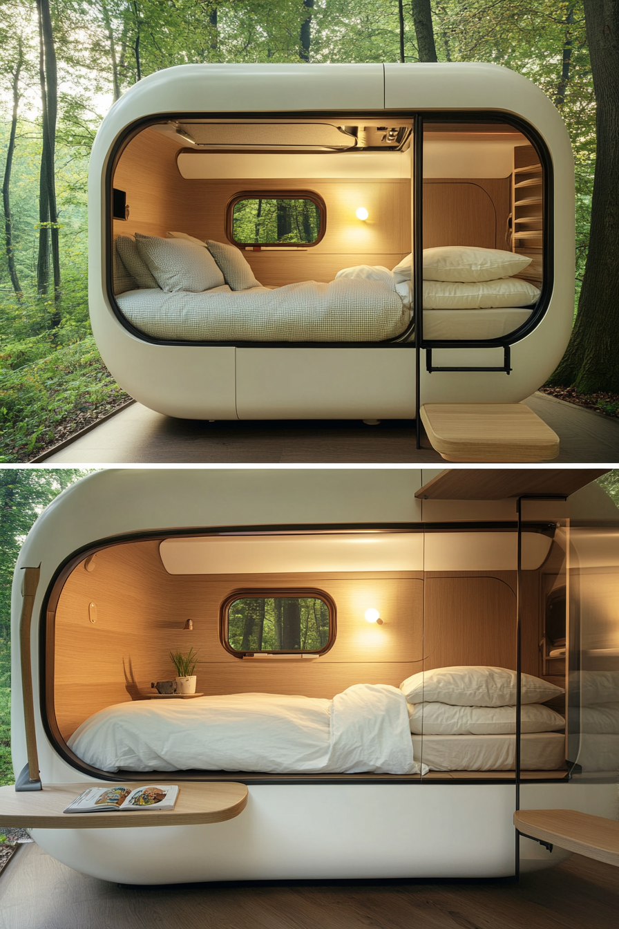 Stacked sleeping pod. Micro cabin with self-cleaning technology.