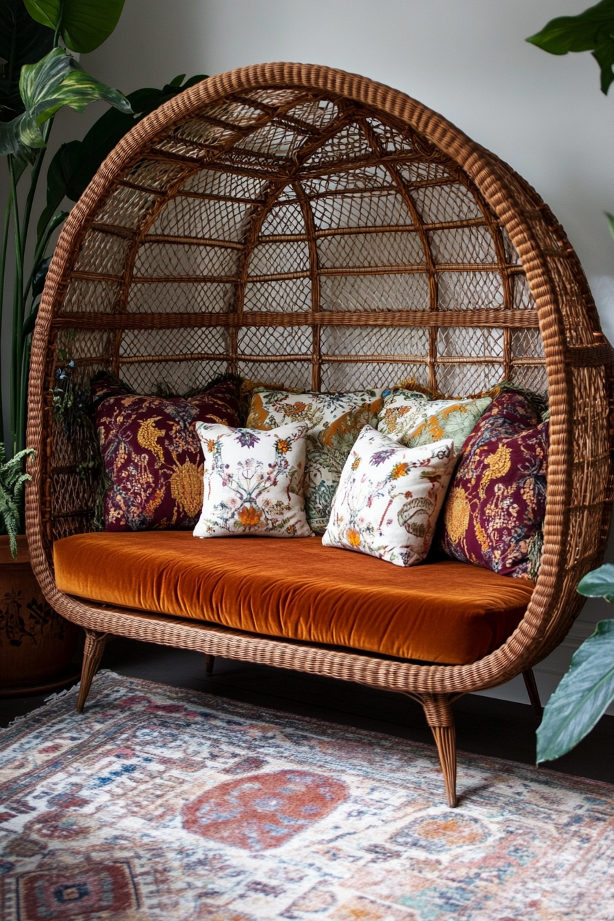 Upper level design. Bohemian rattan daybed with lush velvet cushions.