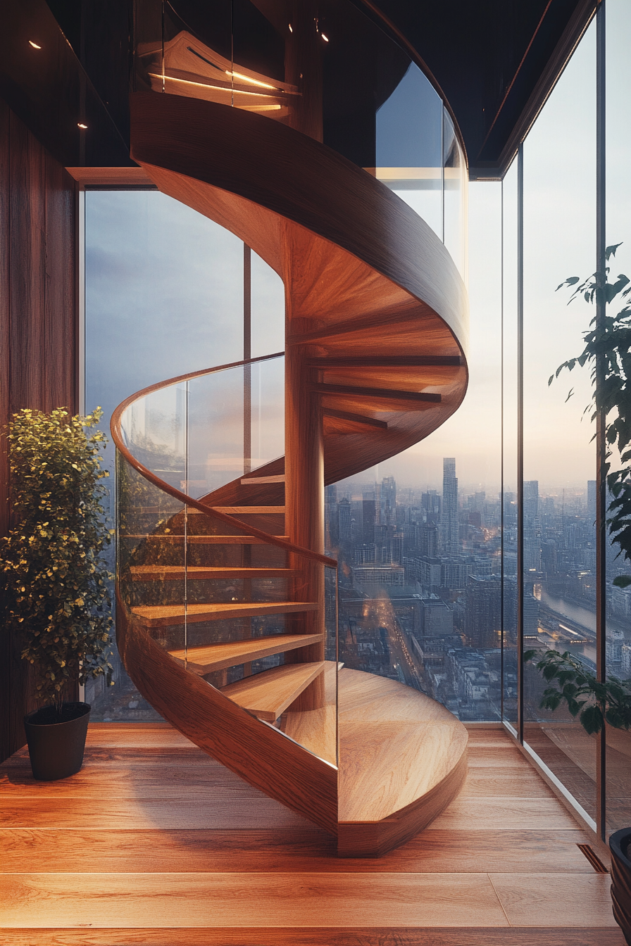 Micro living concept. Wooden spiral staircase, panoramic glass windows overlooking city skyline.