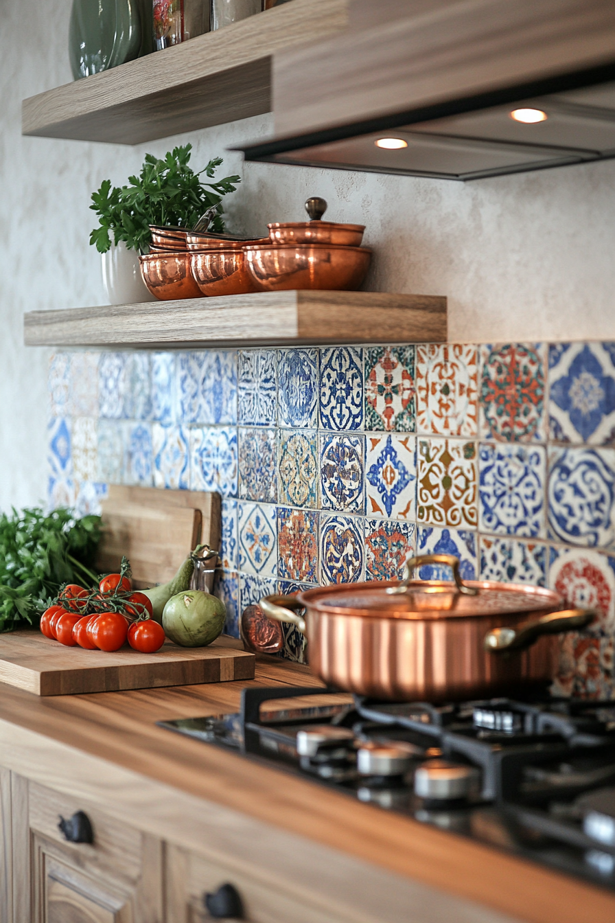 Tiny cooking space. Moroccan tile backsplash, copper cookware.