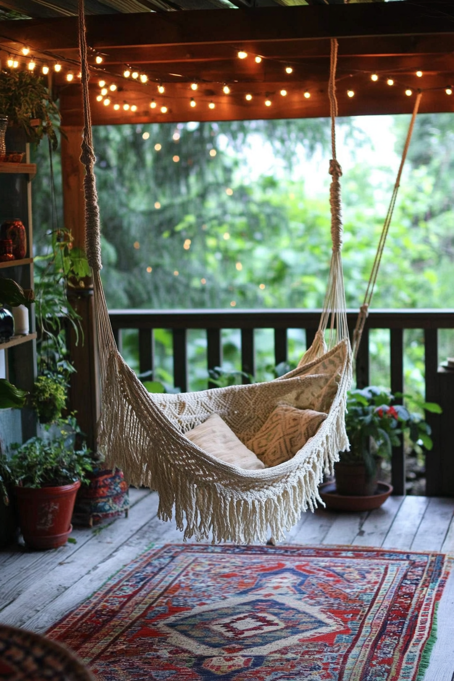 Bohemian patio. Macramé hanging chair, bright layered kilim rugs, fairy light canopy.