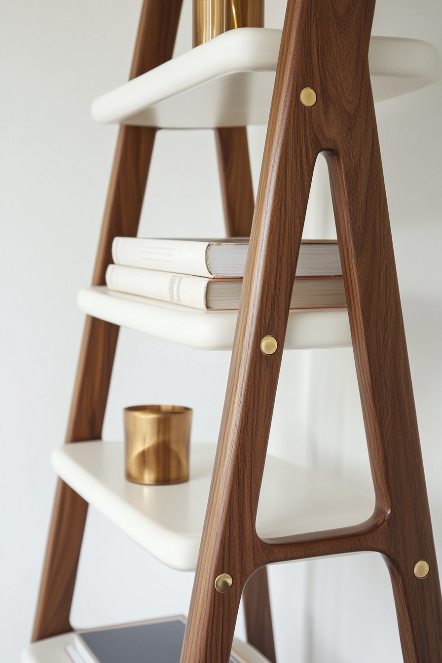 Reading sanctuary. Mahogany ladder-leaning white shelves with brass accents.