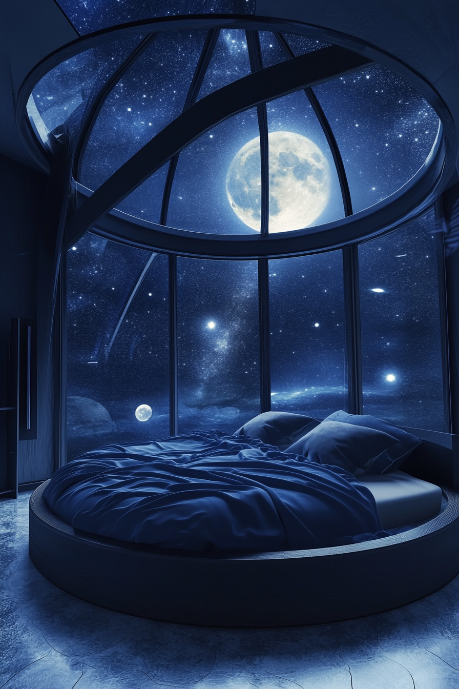 Celestial sleep space concept. Dome-shaped retractable glass roof with moonlit breaks, circular bed fitted with dark blue linens.