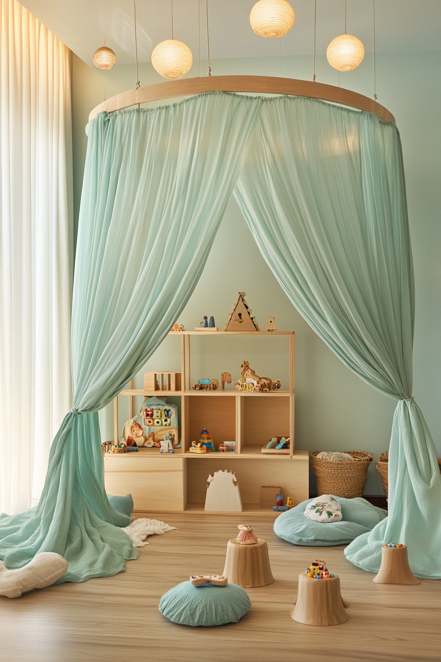 Dreamy play area. Soft jade silk canopy over natural wood-based toy display.