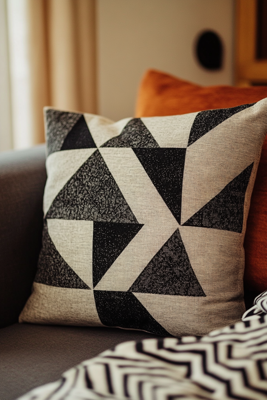 Fall RV decor. Monochromatic geometric Bauhaus-print throw pillow.