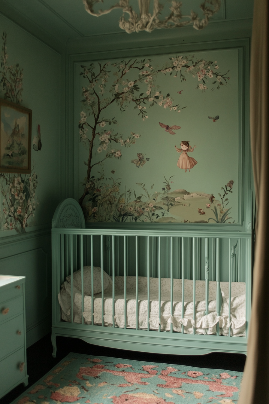 Baby room. Mint green walls with hand-painted fantasy creatures.