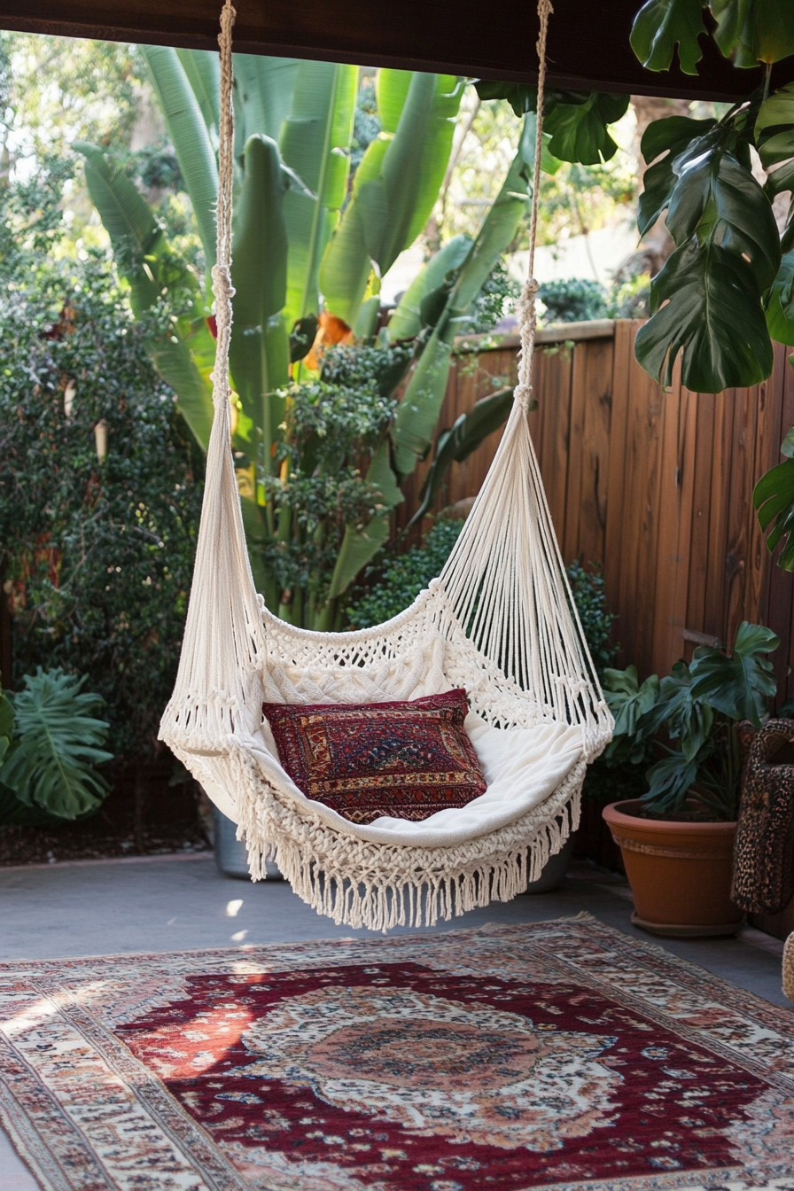 Bohemian patio. White macramé hanging chair, burgundy kilim rugs.