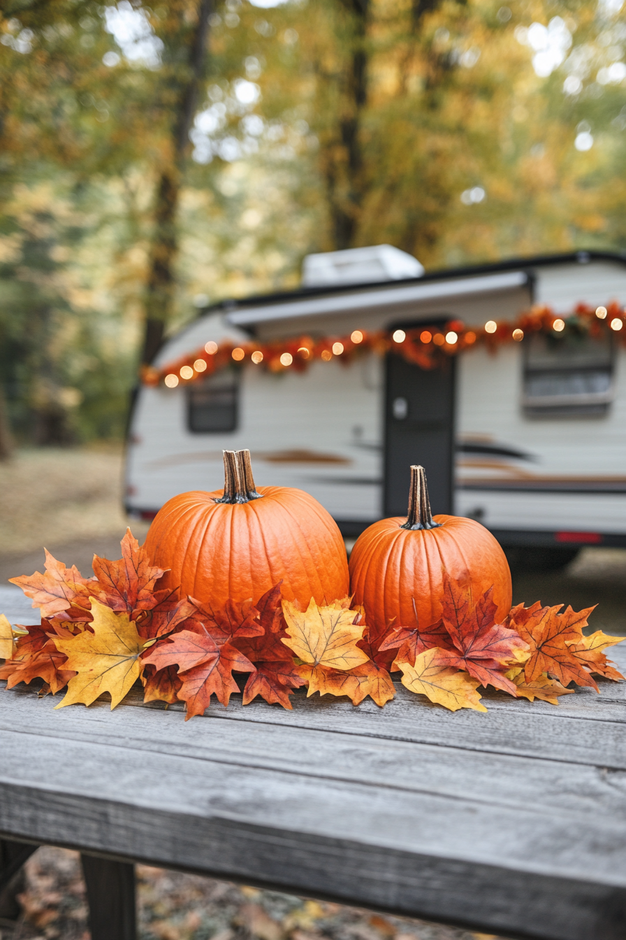 Fall camper decor. Rustic pumpkin centerpiece with leaf garlands.