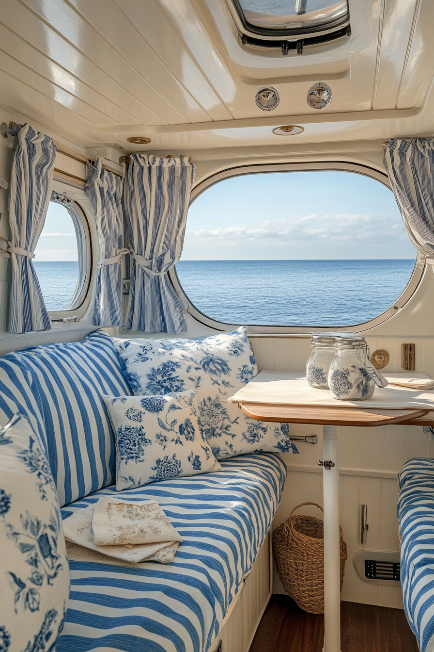 Seaside-inspired camper design. Chintz interior with blue-striped at the wheel.