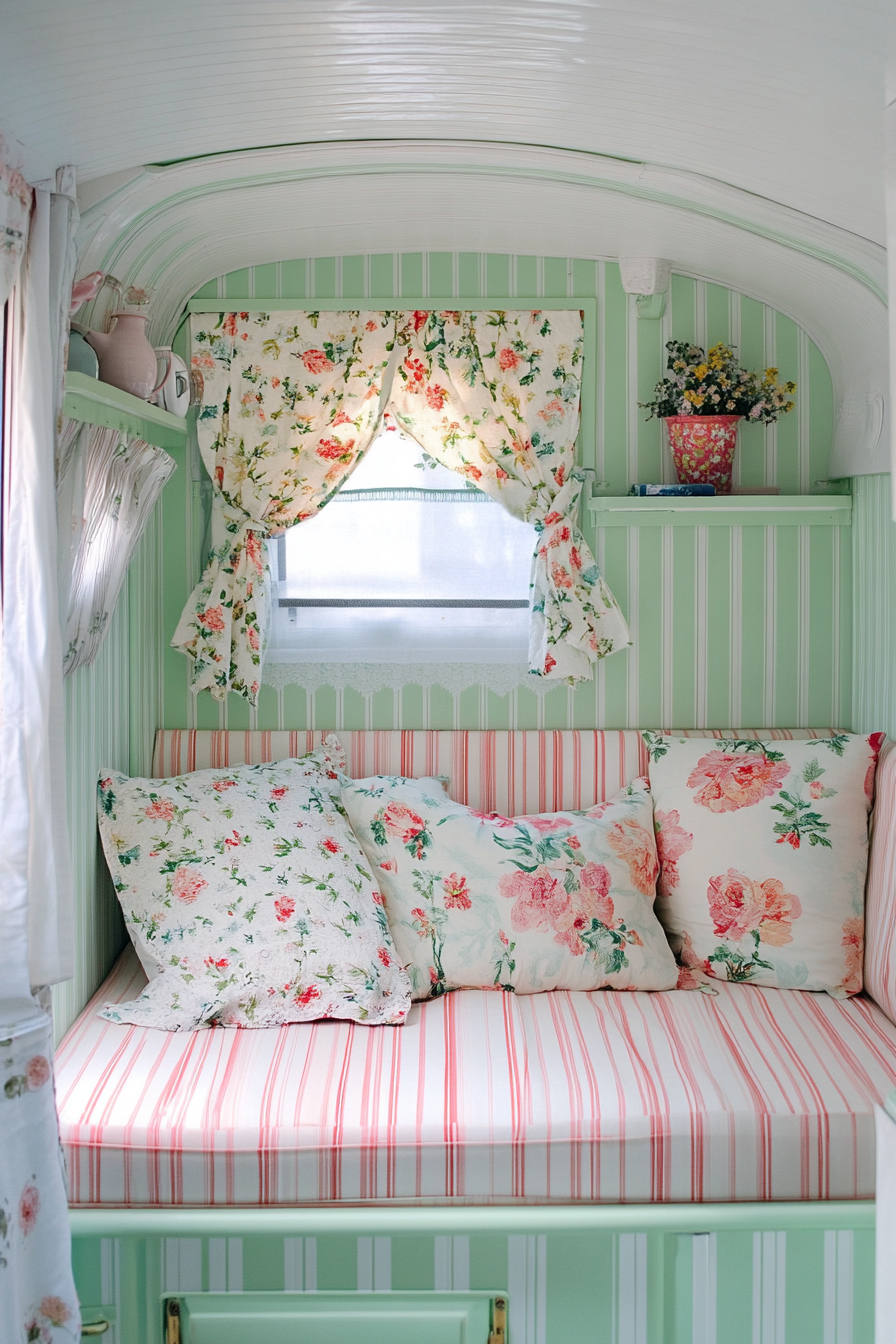 Seaside-inspired camper design. Mint green stripes and floral chintz accents.