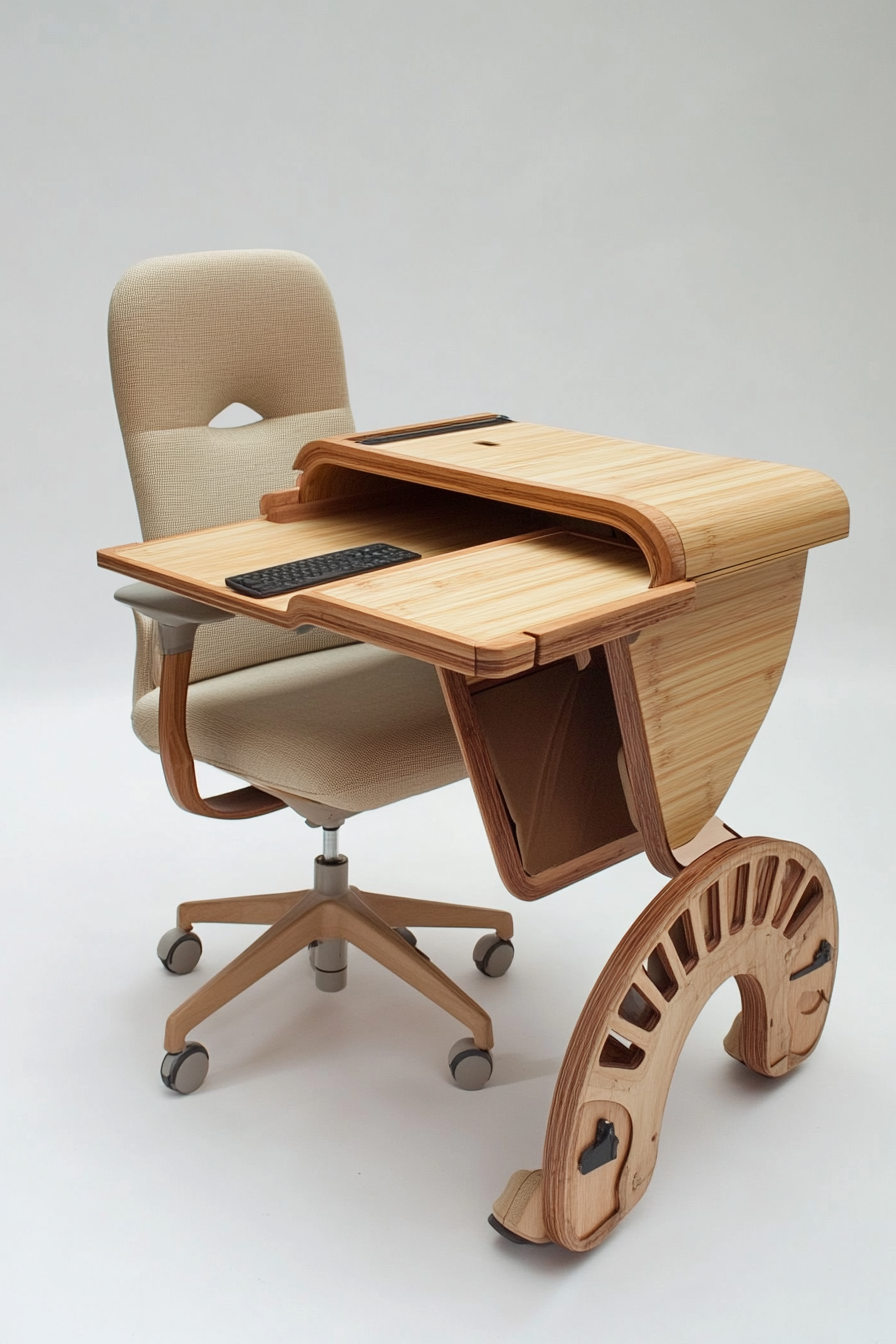 Mobile workspace design. Bamboo desk with a beige ergonomic chair.