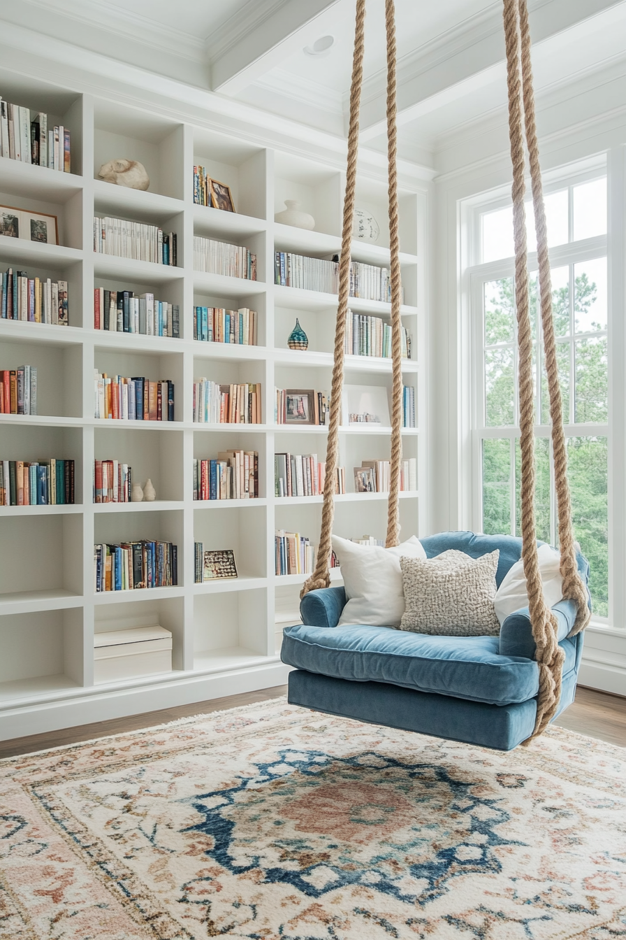 Reading sanctuary. White shelves, dusty blue armchair, natural light, mosaic rug, rope swing chair.