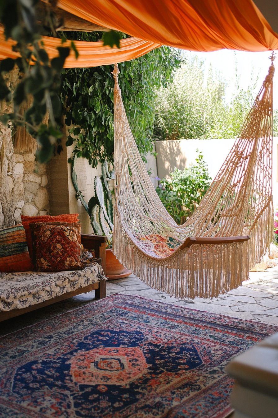 Bohemian patio. Macrame hanging chair, pastel canopies, multilayered kilim rugs.