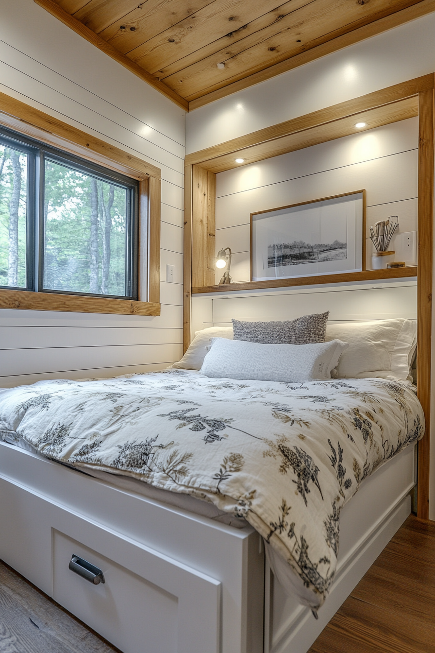 Tiny house bedroom. Wall-mounted nightstands, hidden storage bed, minimalist interior.