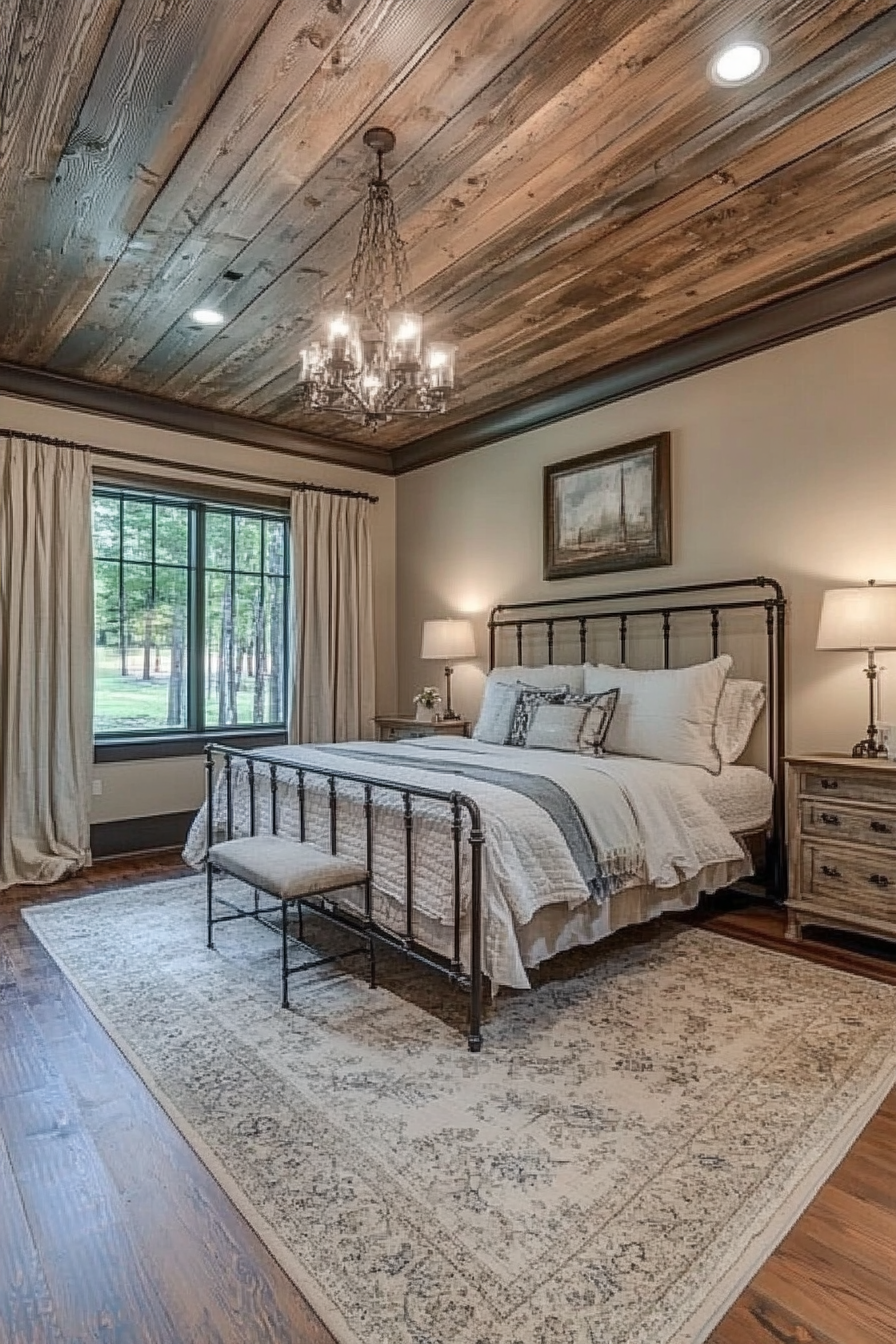 Rustic-chic bedroom. Shiplap ceiling with aged iron bed frame.