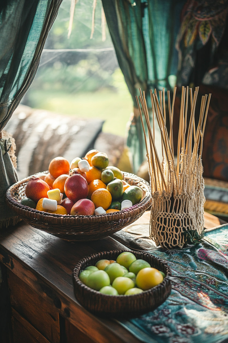 Bohemian camper kitchen. Macramé marshmallow-roasting sticks and rattan fruit bowl.