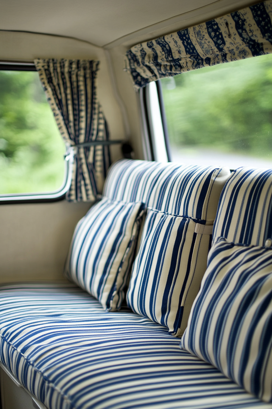 Camper design. Chintz upholstery with navy blue stripes.