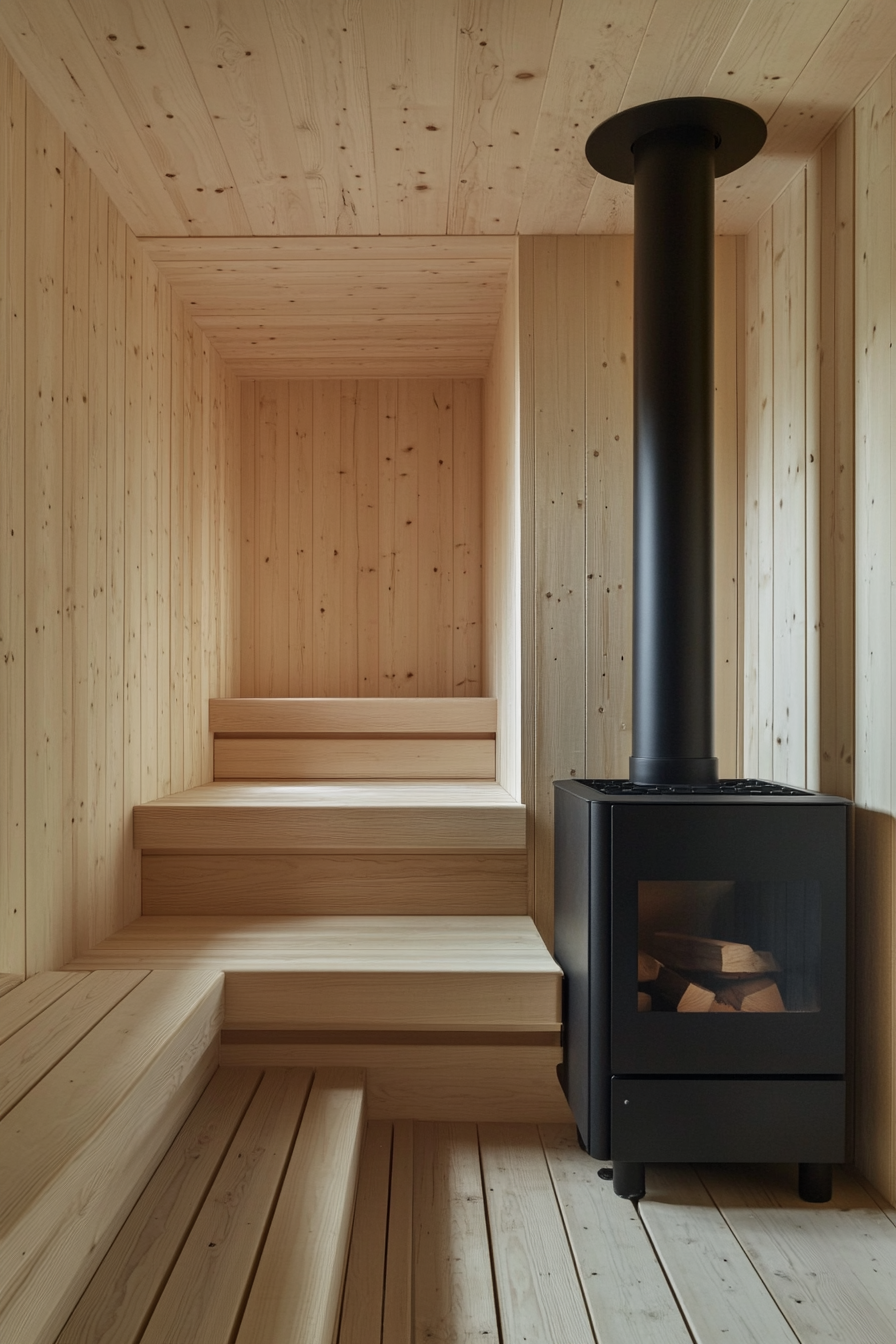 Sauna room design. Modern wood-burning stove with three-tier pine bench.