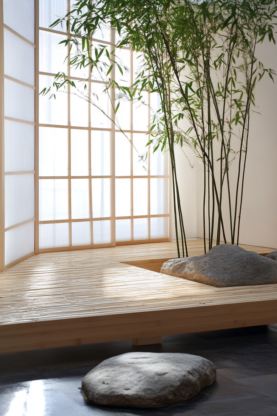 Elevated platform concept. Bamboo flooring, sliding chalk white shoji screens.