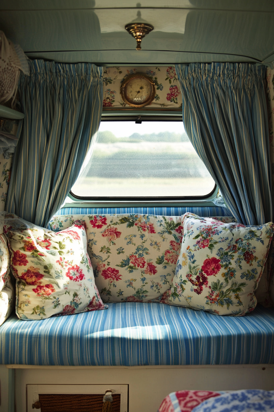 Camper design. Chintz upholstery with sea blue striped curtains