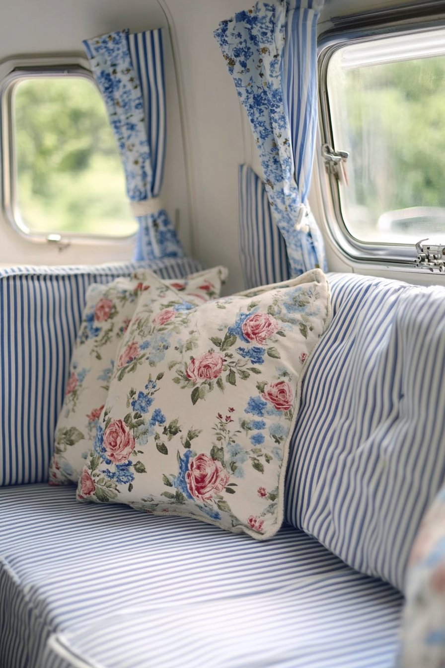 Camper design. Chintz cushions and blue stripe curtains.