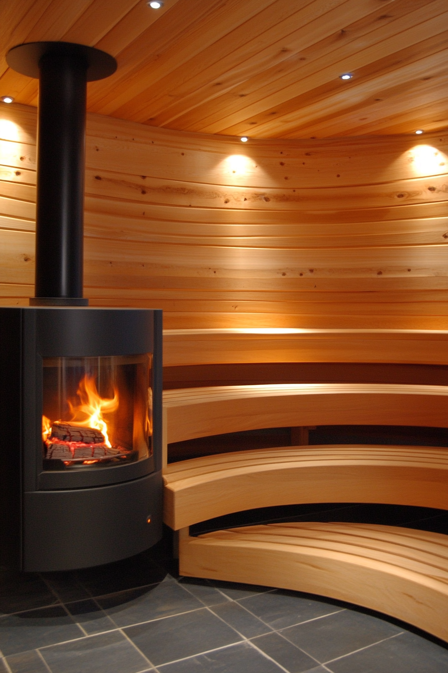 Sauna room design. Wood-burning stove corner placement, tiered cedar benches.