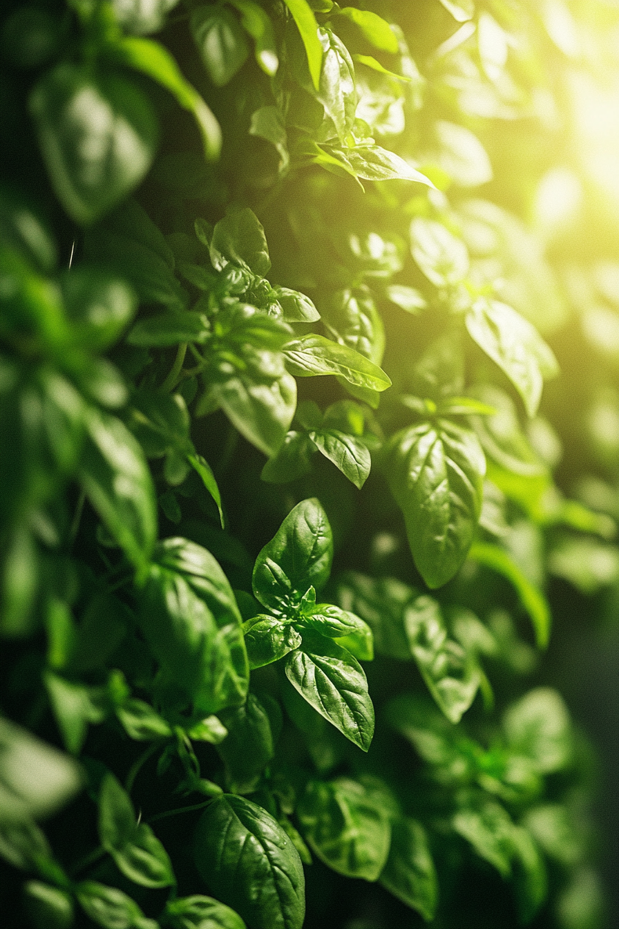 Living wall. Basil hydroponics under diffused sunlight.