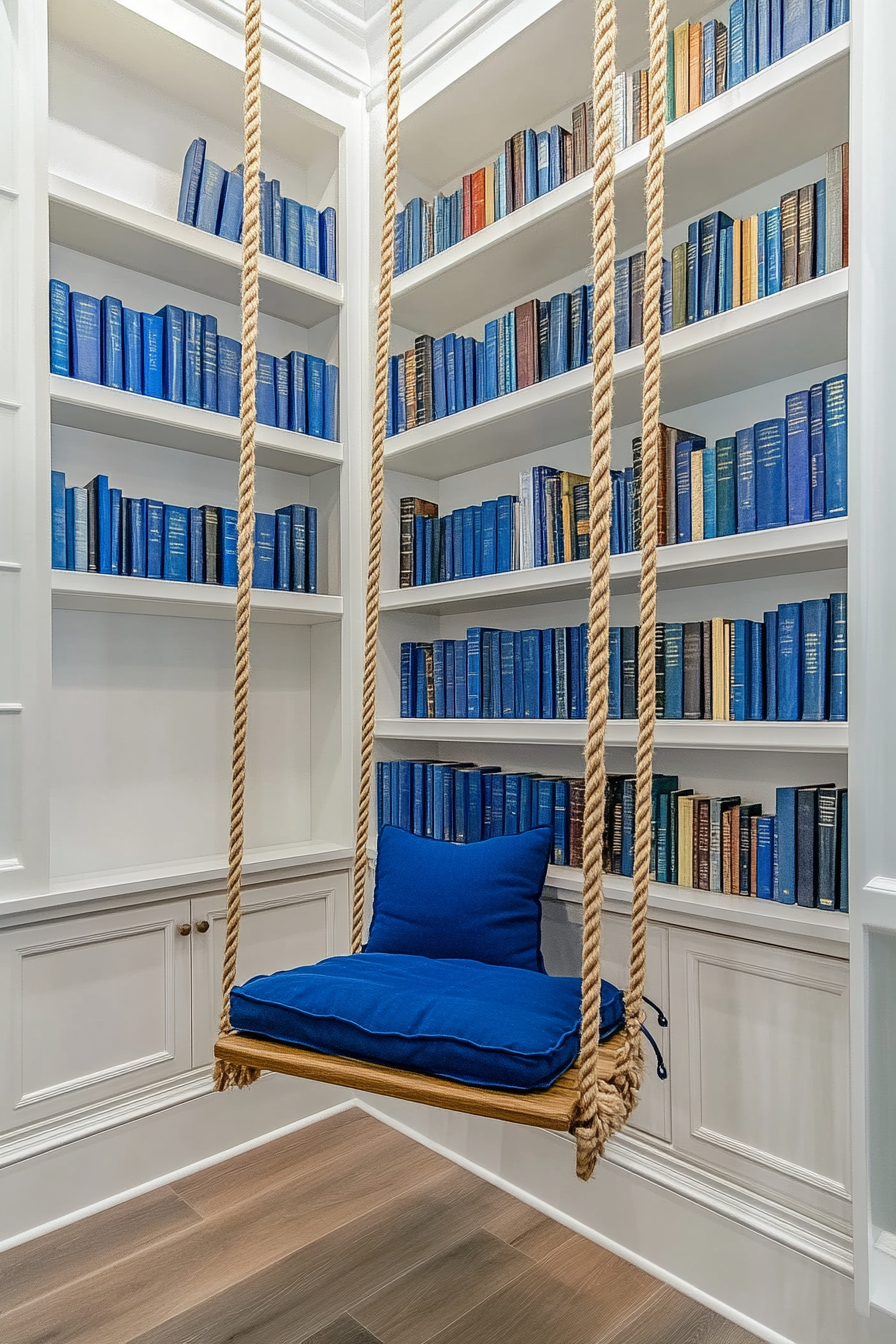 Reading sanctuary. White shelves with blue bound books, rope swing chair in corner.