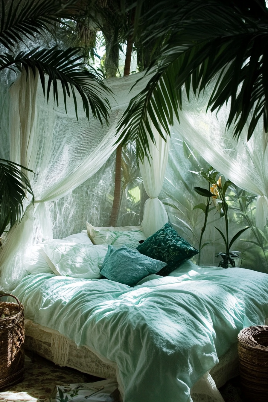 Sleeping nook. Mosquito net with Hawaiian Palm centerpiece.