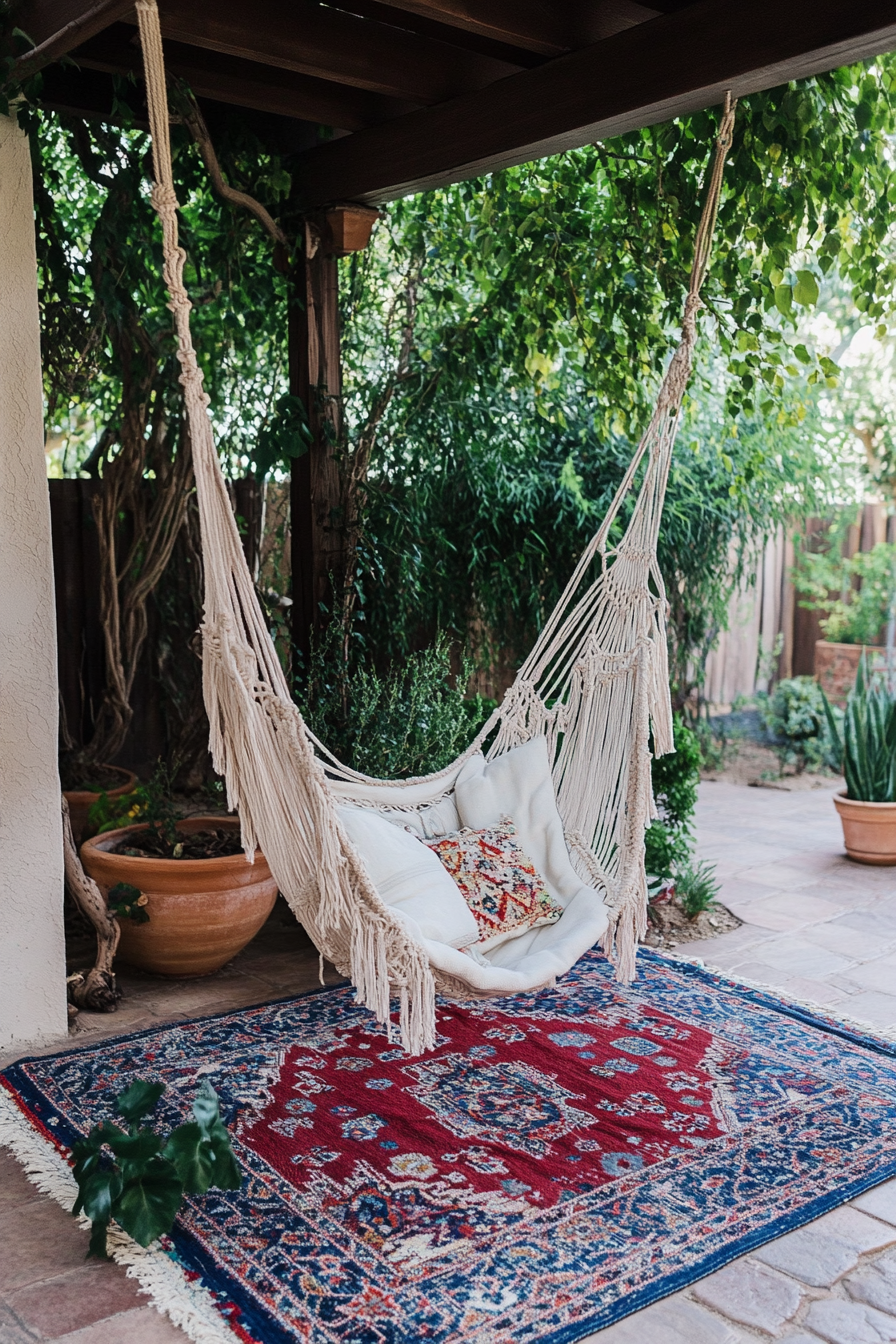 Bohemian patio. Macramé hanging chair canopy with red and blue kilim rugs.