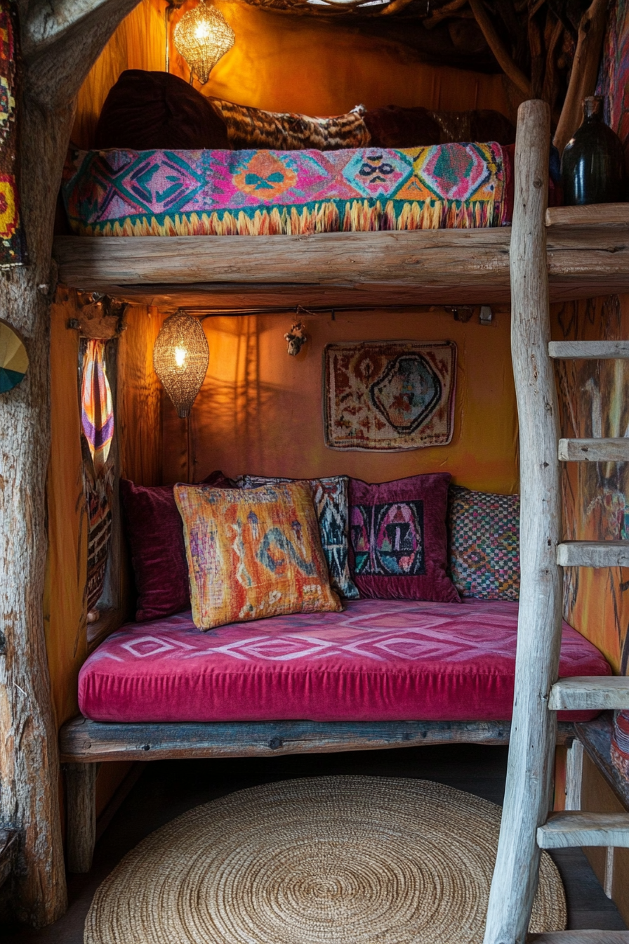 Bohemian tiny home design. Velvet futon with geometric patterns on rattan floor, upper level.