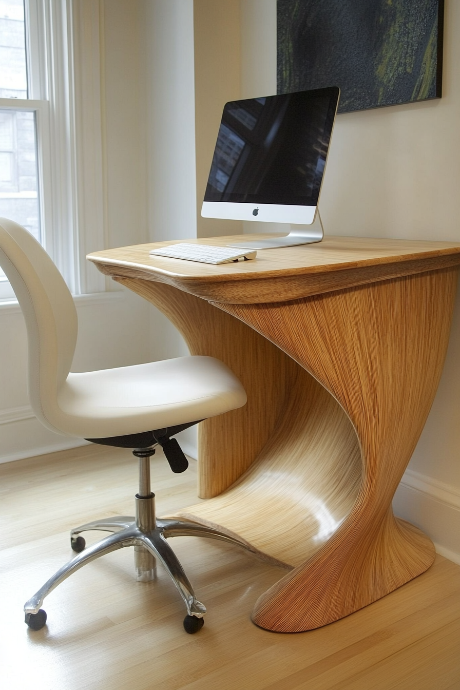 Compact workspace idea. Bamboo desk with off-white ergonomic chair.