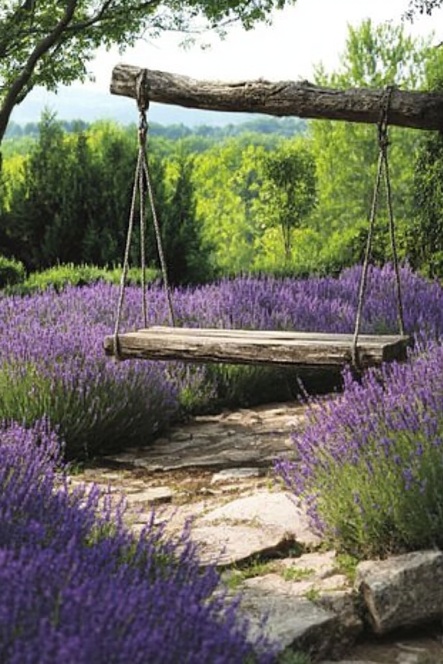 Outdoor space. Lavender garden with wooden swing.