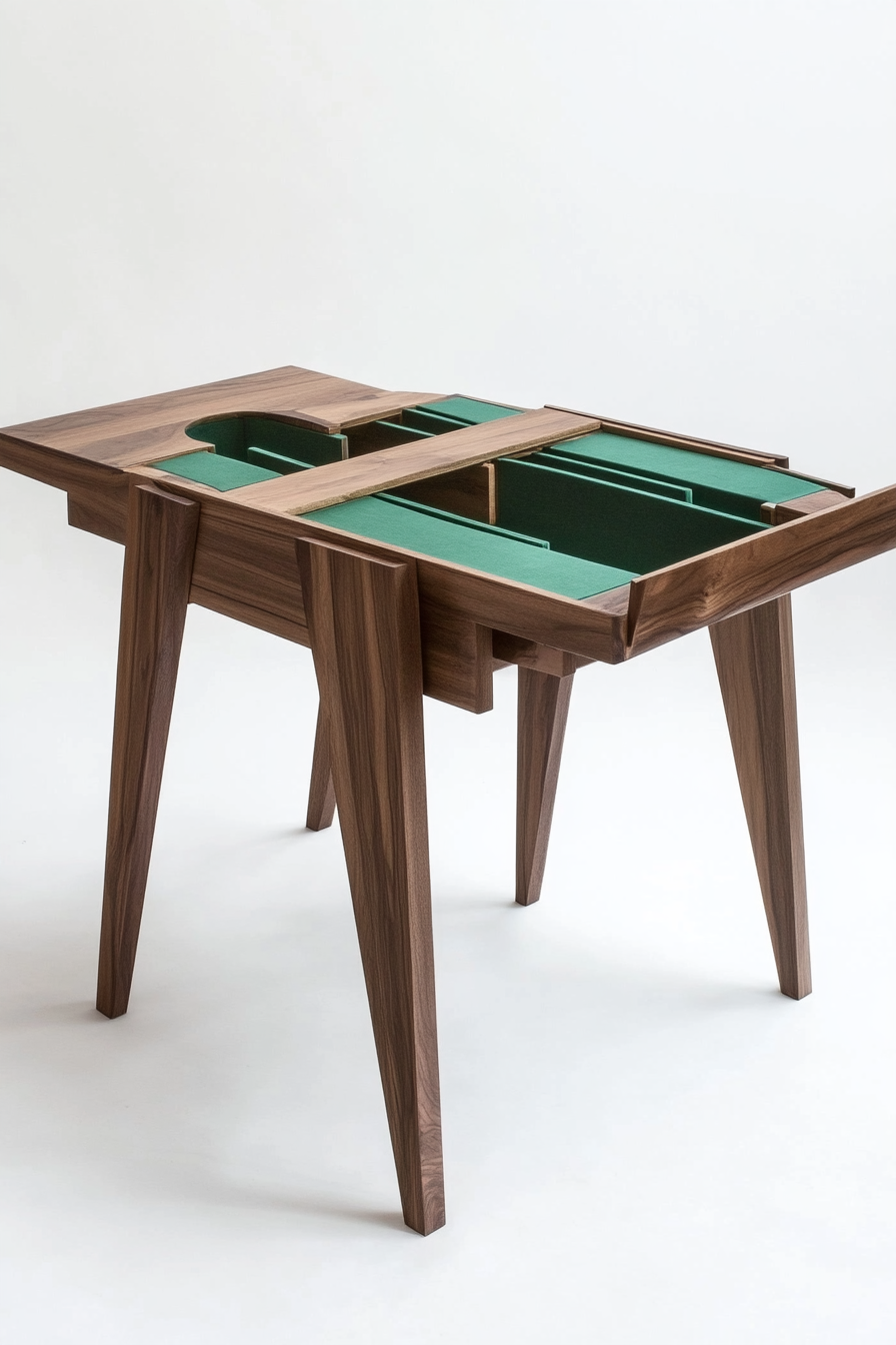 Hidden Compartment Dining Table. Compact walnut structure with verdant green fold-out sections.