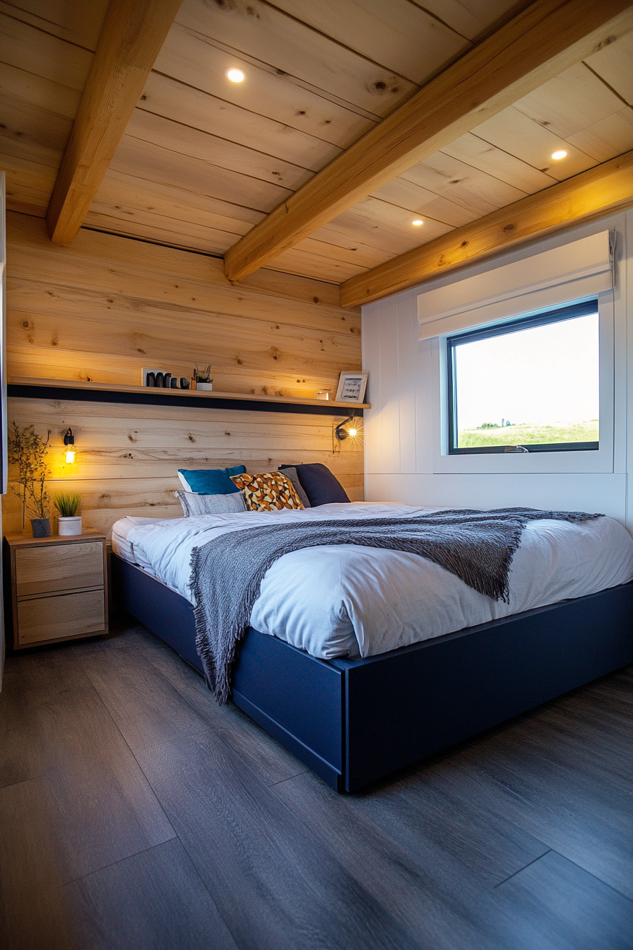 Tiny house bedroom. Minimalist design with wall-mounted oak nightstands and navy hidden storage bed.