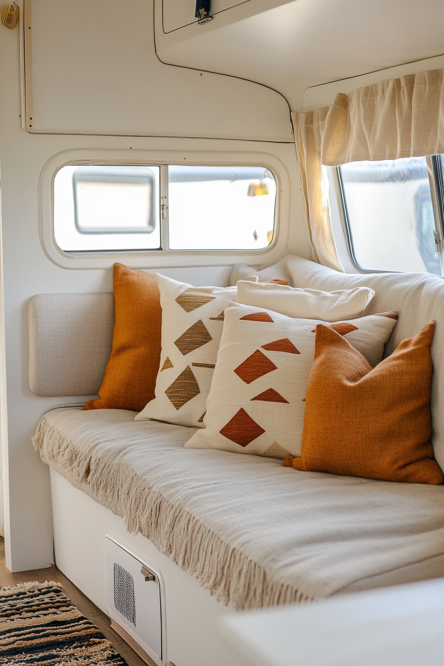 Bauhaus Fall RV Decor. Earth tone geometric shapes on cream cushions.