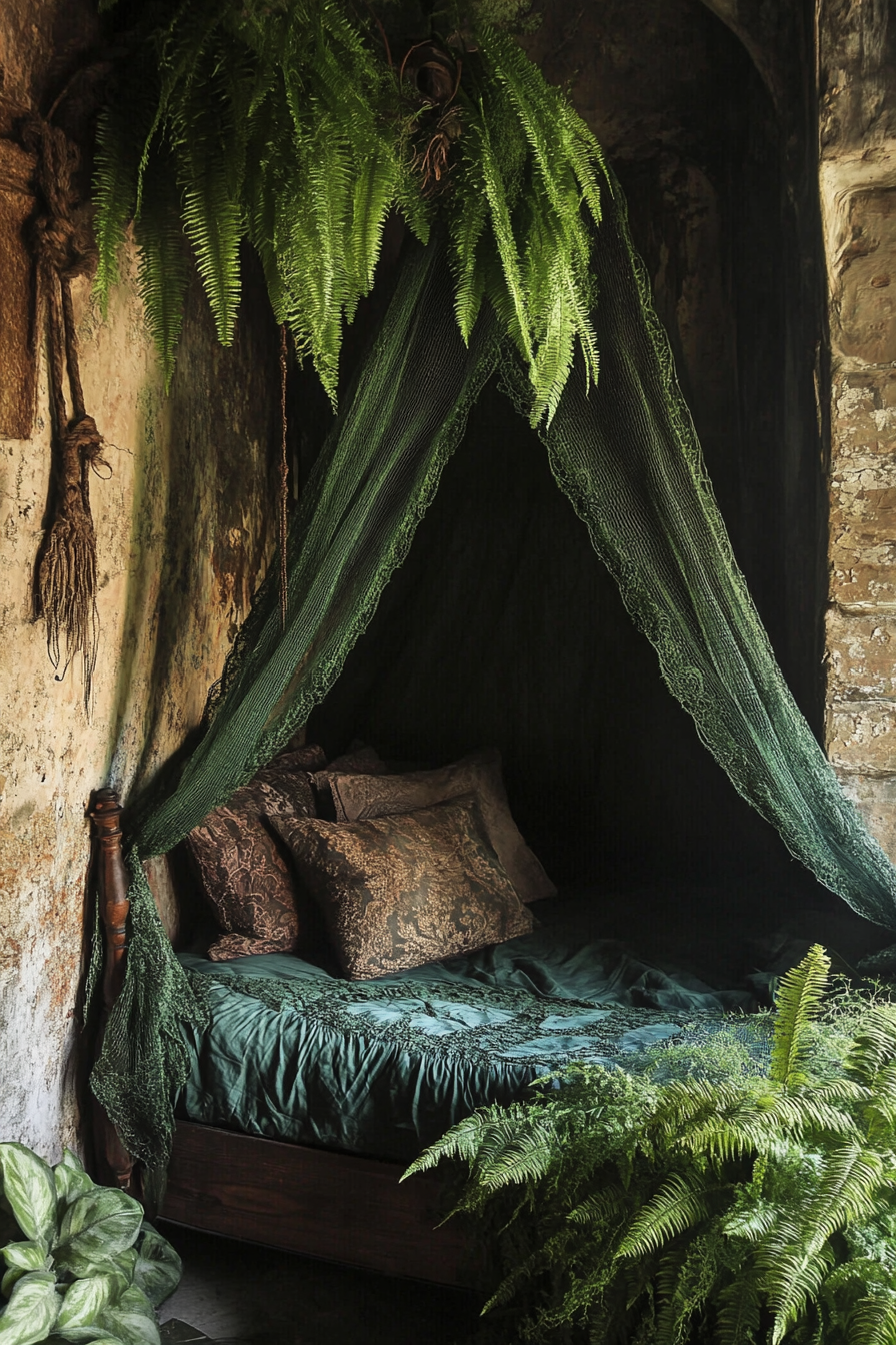 Sleeping nook. Mosquito net drapes and a lush fern.