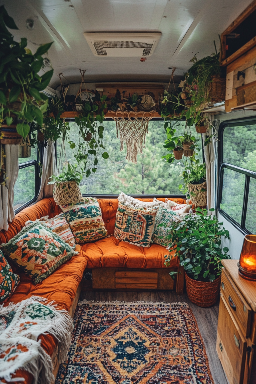 Boho RV Sunroom. Hanging plant-filled macrame hangers, rangoli rug, amber hurricane candleholder.