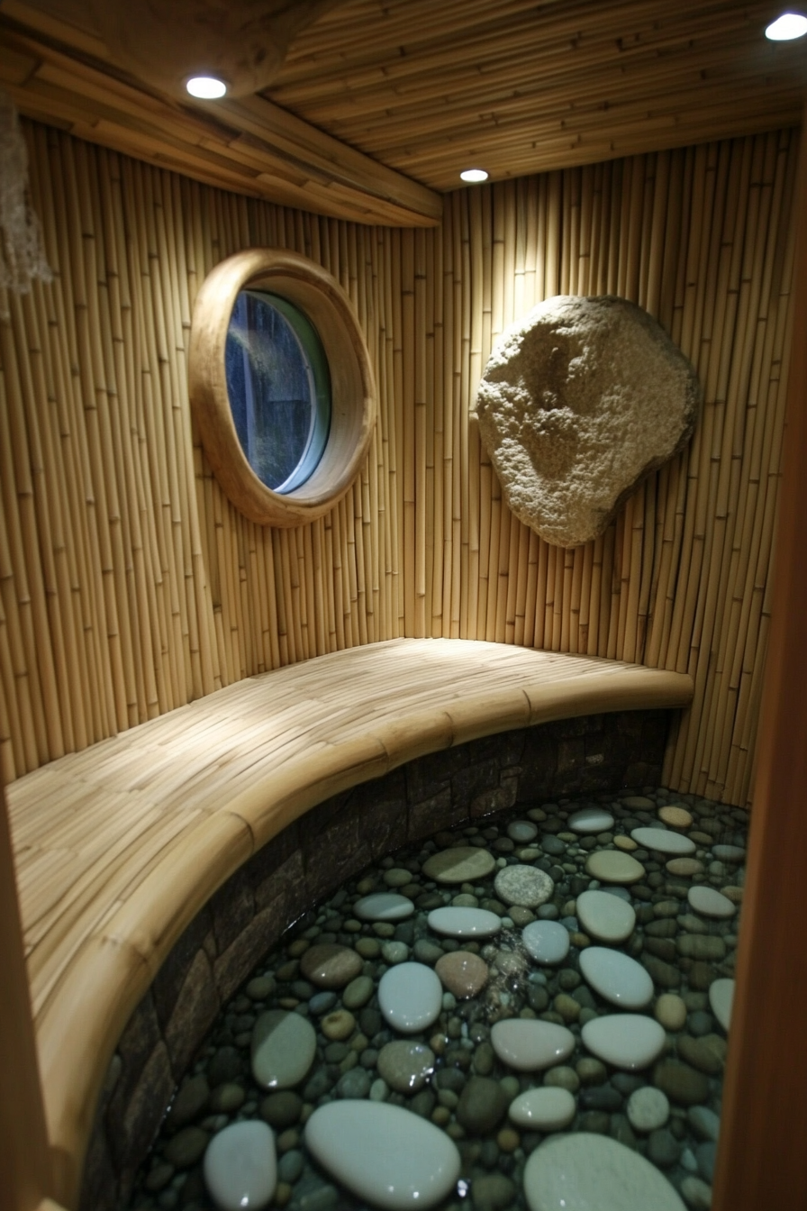 Tiny Eco-Bathroom Concept. Contemporary, bamboo wall interior with smoothed river rock flooring.