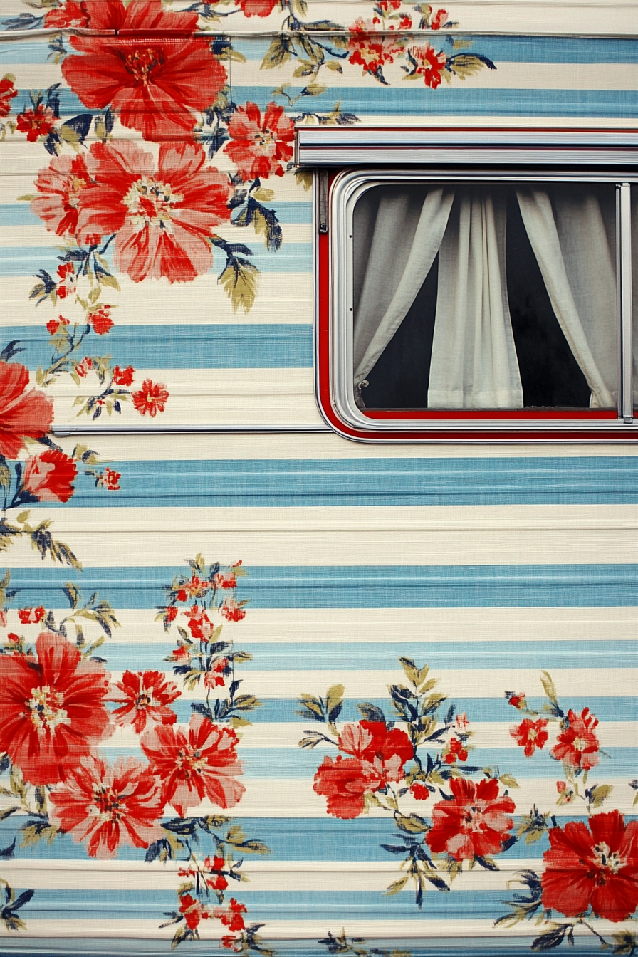 Camper design. Blue stripes on a white backdrop with chintz floral accents.