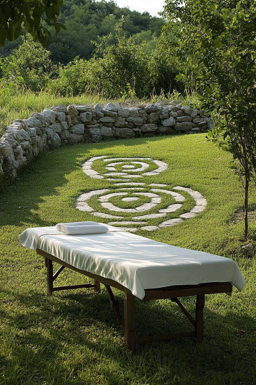 Outdoor massage table. Stone labyrinth patterned on a lush green field.