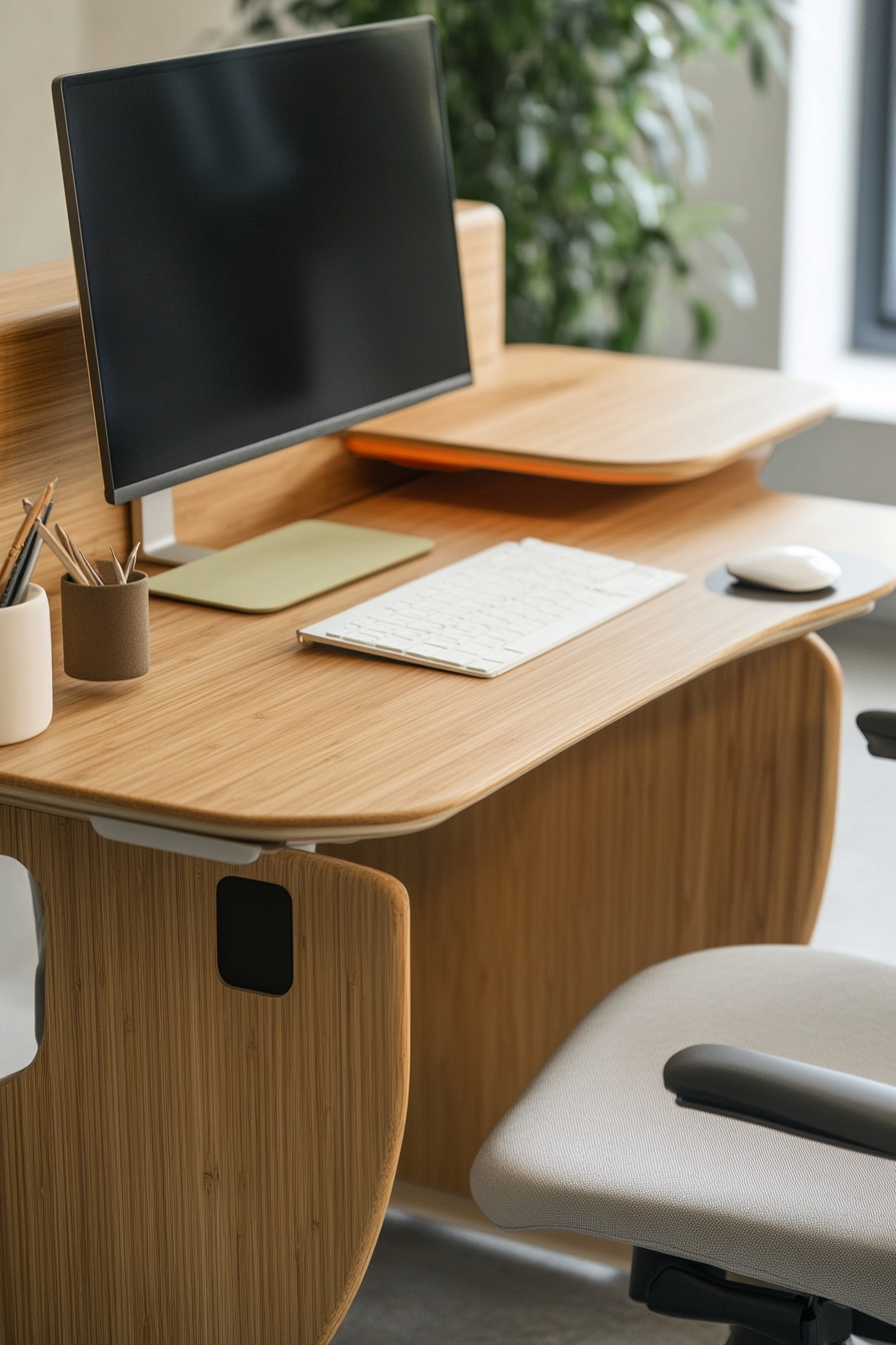 Mobile workspace design. Bamboo desk with neutral colour ergonomic chair.