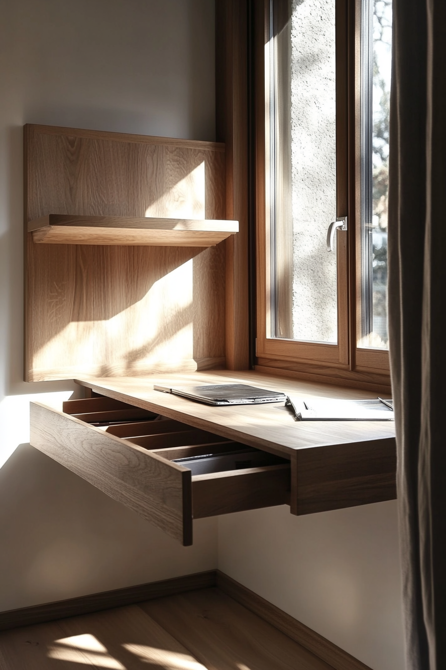 Floating bench concept. Hidden storage in sun-lit window alcove.