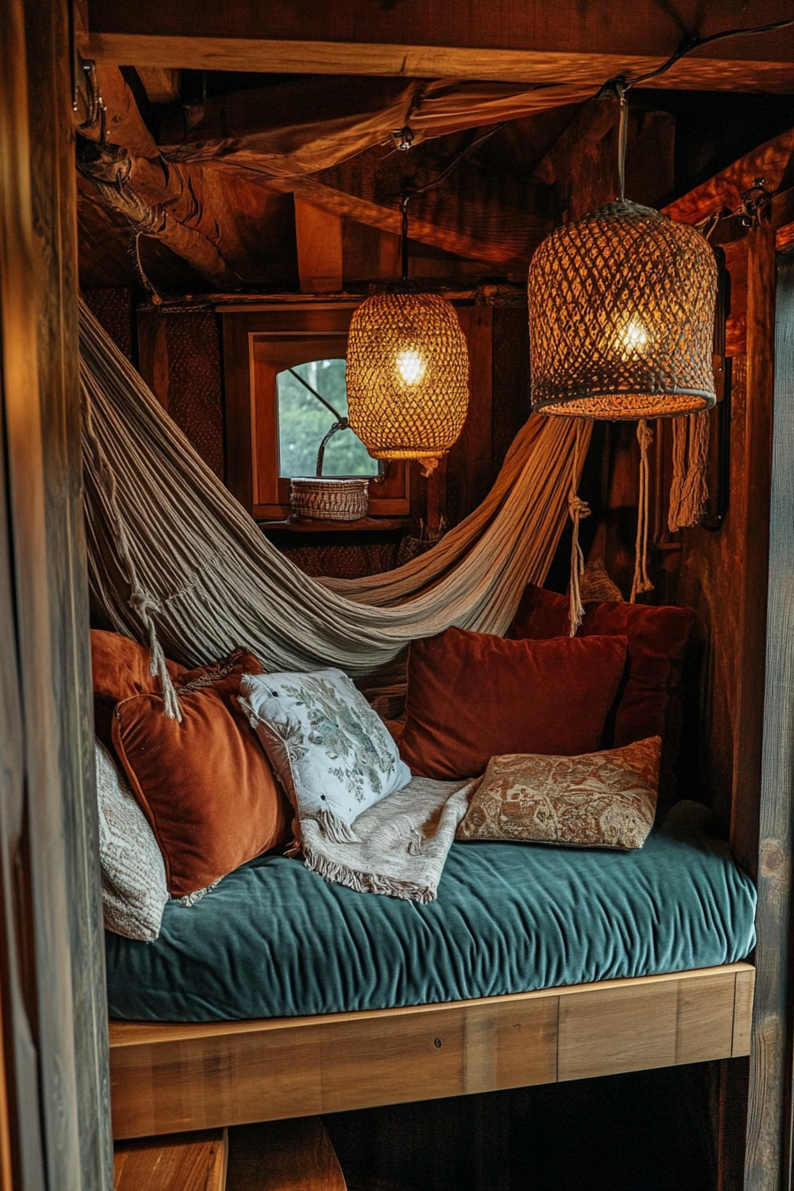 Bohemian tiny home upper level design. Velvet hammock with hanging rattan lamps.