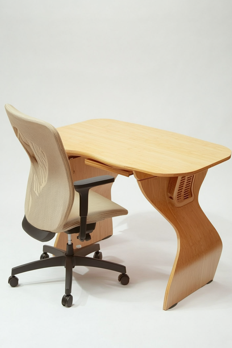 Mobile workspace design. Minimalist bamboo desk with a beige ergonomic chair.