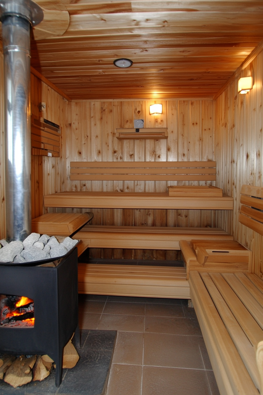 Sauna room design. Rectangular wood-burning stove, wooden three-tiered bench.