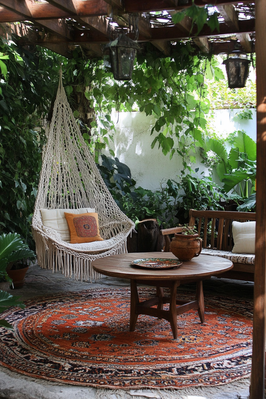 Bohemian patio. Macramé chair canopy, rust-red Kilim rug under natural wood coffee table.