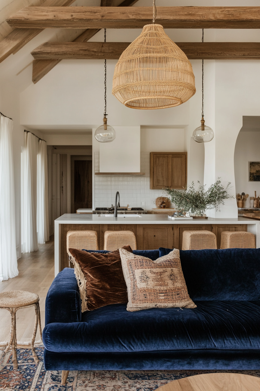 Upper level design. Velvet statement sofa with rattan light fixtures in tiny bohemian home.